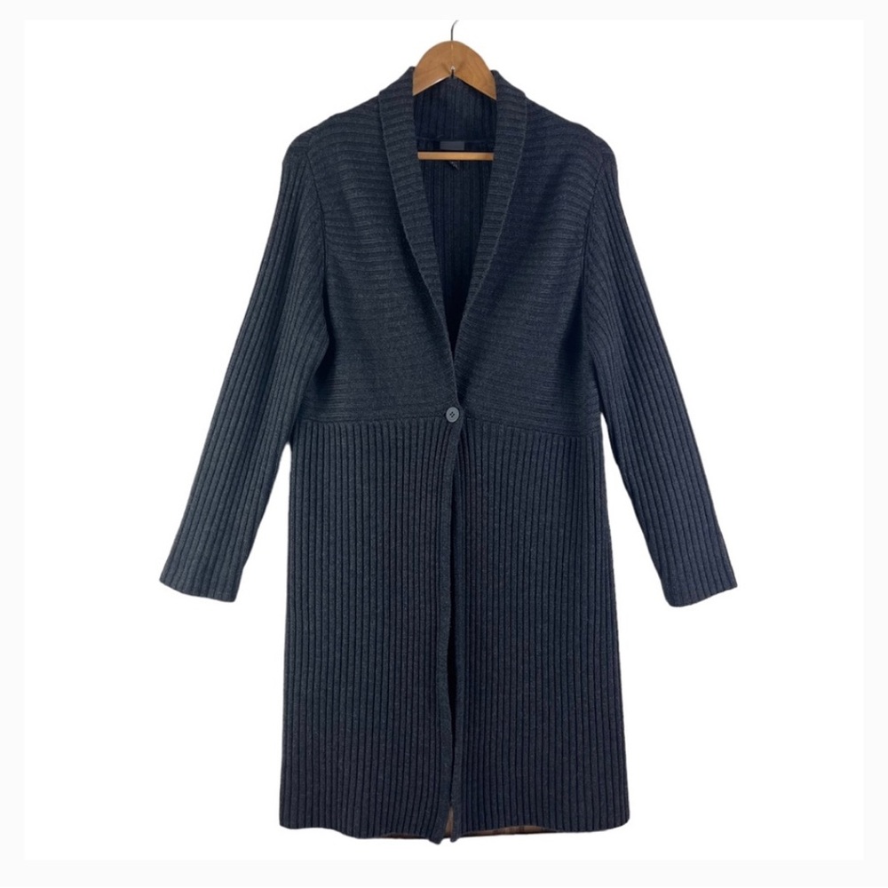 EILEEN FISHER Charcoal Gray 100% Merino Wool One Button Long Line Cardigan Med